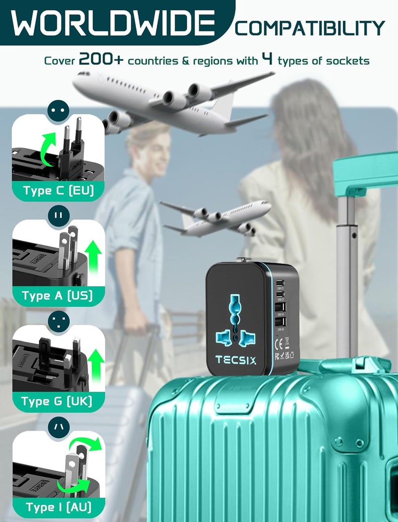 TECSIX Universal Travel Adapter Worldwide, European Travel Plug Adapter with 2 USB C, 2 USB A and Multi AC Outlets, International Power Converter for EU US UK AUS 200+ Countries Type A C G I - Image 3